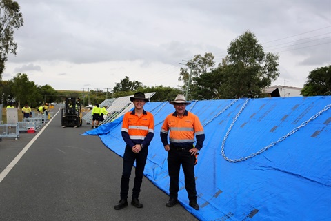 Cr Mathers & Cr Wickerson at today's flood barrier exercise.jpg