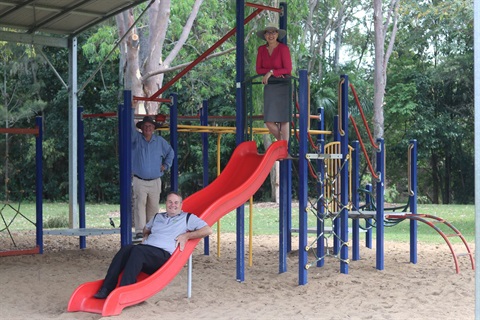 Councillors on the existing playground at Joyce Harding Park in Frenchville