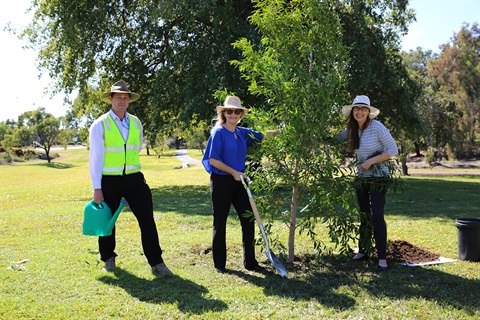 Parks Acting Manager Michael Elgey, Councillor Cherie Rutherford, and Councillor Donna Kirkland