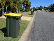 street view of recycling wheelie bins on kerb