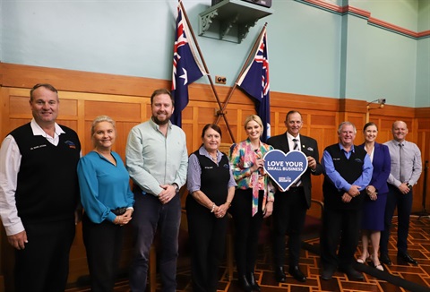 Small business Commissioner Dominique Lamb with Mayor Tony Williams, Zac Garven and elected members