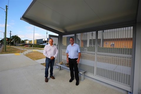Councillor Tony Williams and Member for Rockhampton Barry O'Rourke at Stockland Bus Shelter