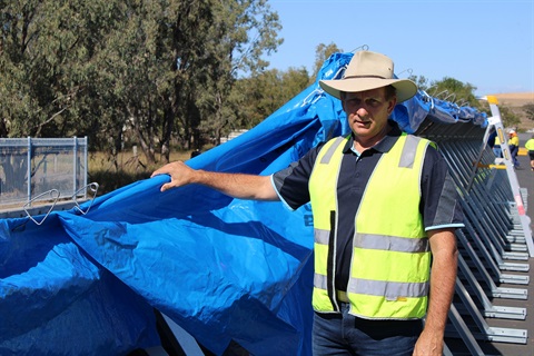 Mayor Williams with temporary flood barrier