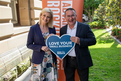 Queensland Small Business Commissioner Dominique Lamb and Deputy Mayor Drew Wickerson during a visit to Rockhampton