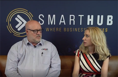 Simon Lever and Elize Hattin sitting on a couch in front of SmartHub banner